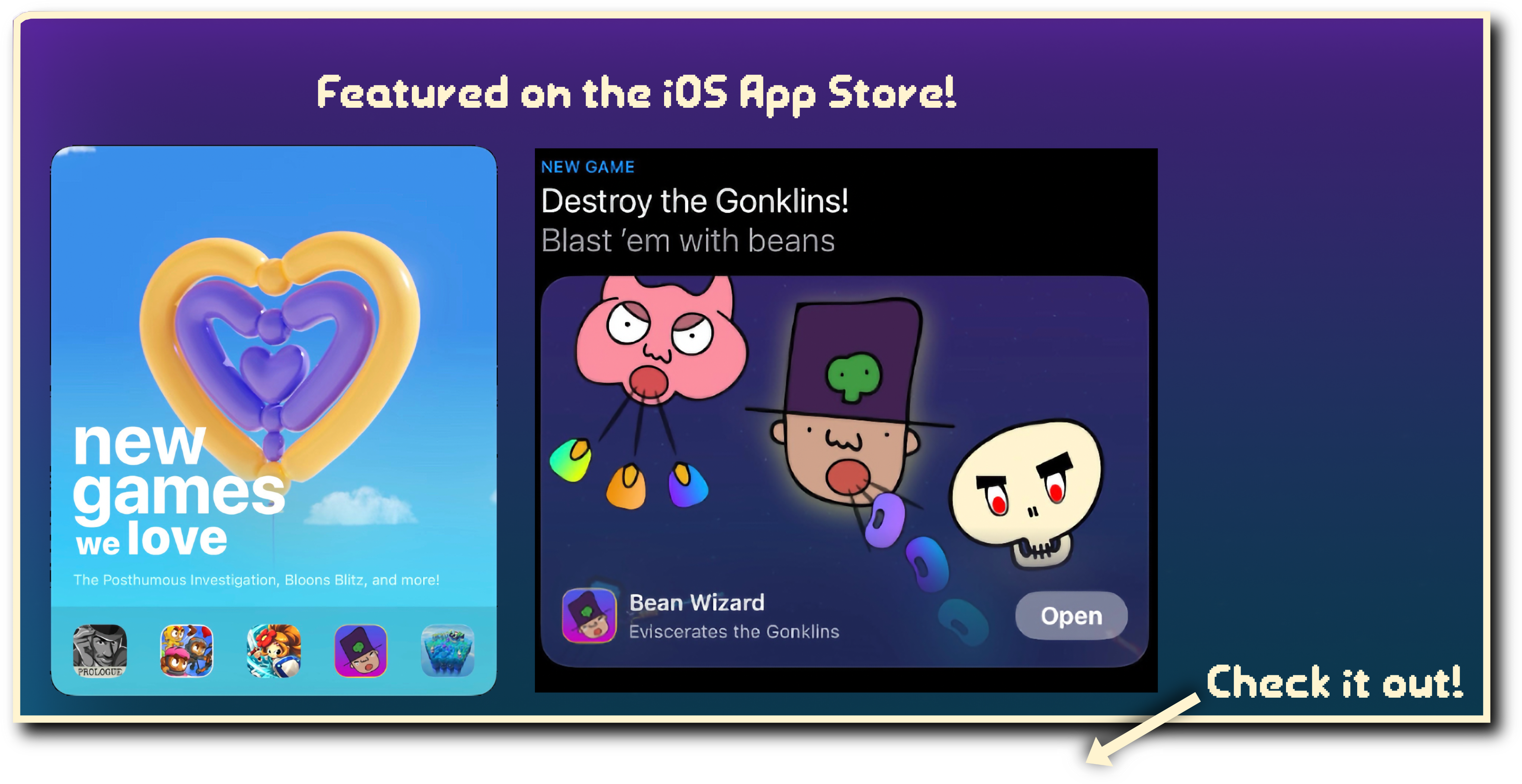 Bean Wizard featured on the global iOS App Store in New Games We Love and Destroy the Gonklins!